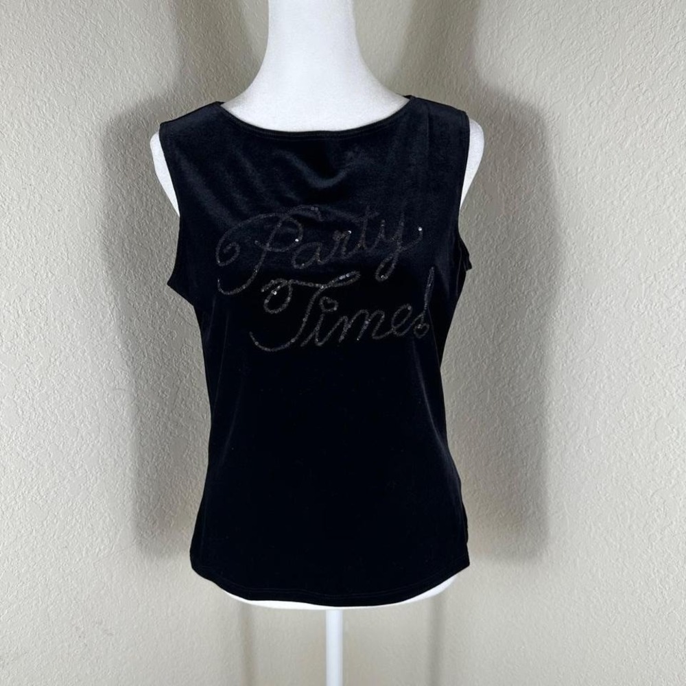 b.r.b. Velvet Tank Top Women M Black Party Time Glitter Graphic Y2K Goth Festive